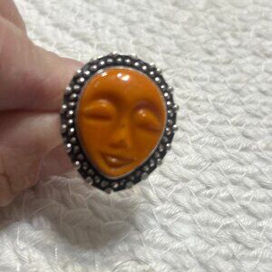 Unique ORANGE AGATE FACE Handmade Sterling 925 Ring Size 8 #378D